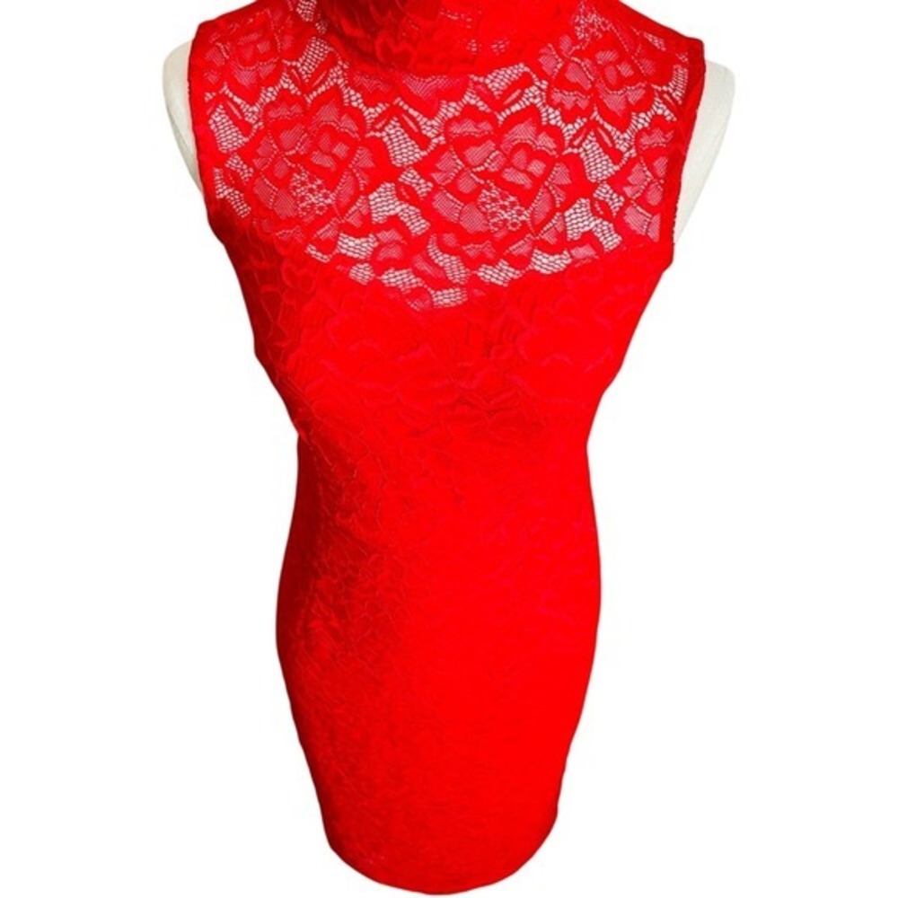 Candalite Red Floral‎ Lace Mock Neck Sleeveless Sheath Midi Dress Womens Small